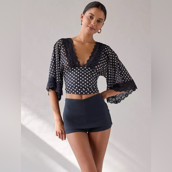 Kimchi Blue Verde Plunging Lace Trim Bell Sleeve Top - Picture 1 of 6